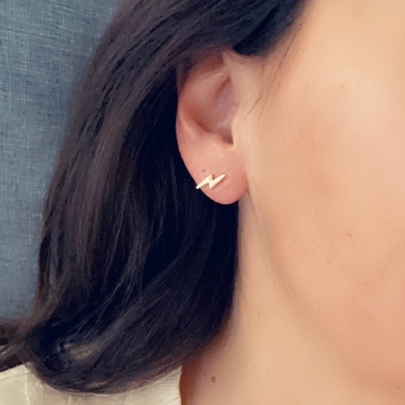 14k Gold Studs Thunderbolt Earrings 11mm - Picture 7 of 9